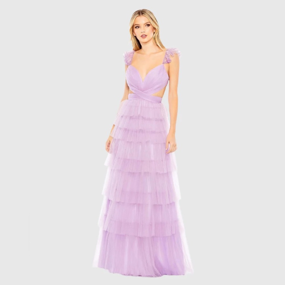 MAC DUGGAL Ruffle Tiered Tulle Cut Out Gown